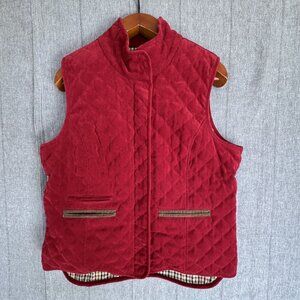 Orvis Quilted Deep Ruby Red Tan Corduroy Pocket Piping Zip Front Vest Size Large